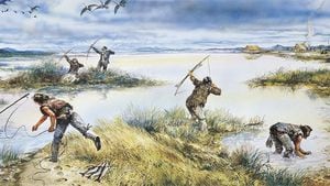 Dibujo de hombres de la Edad de Piedra cazando.