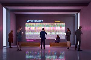 Exhibición NFT CryptoArt en una galería de arte con personas que usan teléfonos inteligentes y tabletas digitales. Imagen totalmente generada en 3D.