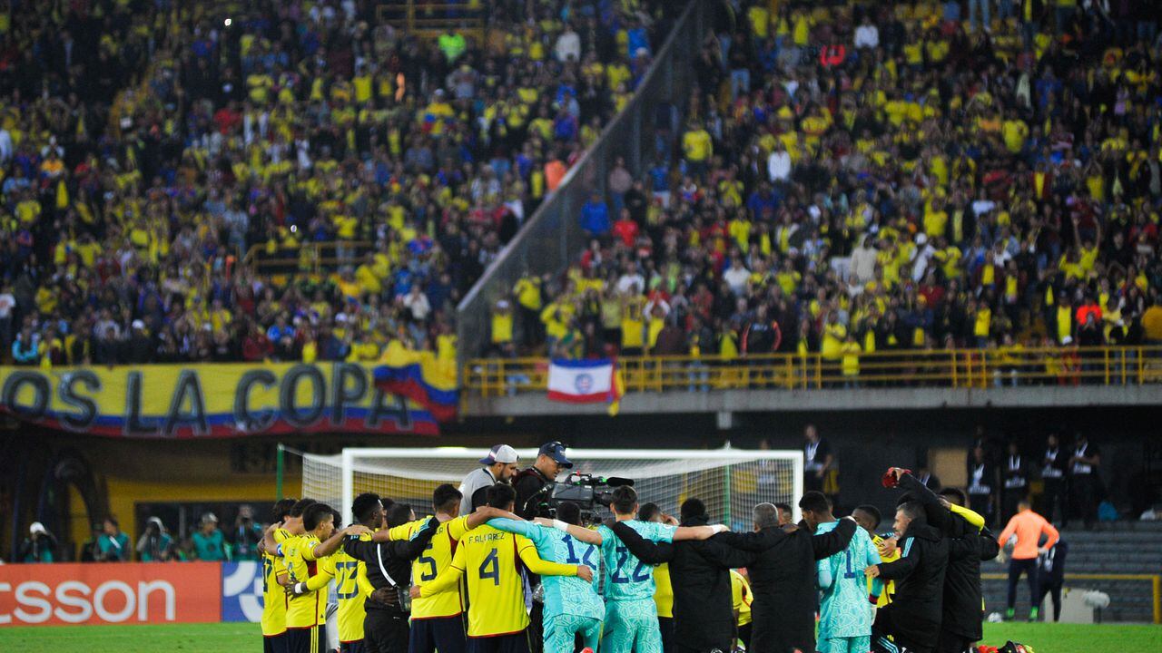 Colombia's team celebrates after winning the South American U-20 Conmebol Tournament match between Colombia and Venezuela, in Bogota, Colombia on February 12, 2023. (Photo by Sebastian Barros/NurPhoto via Getty Images)