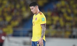 Colombia's James Rodriguez reacts during a qualifying soccer match for the FIFA World Cup Qatar 2022 against Paraguay, at Metropolitano stadium in Barranquilla, Colombia, Tuesday, Nov. 16, 2021. (AP Photo/Fernando Vergara)