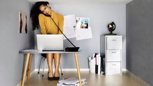 mujer de negocios en una pequeña oficina, junto a su computadora, por teléfono, luciendo estresada - su cabeza tocando el techo