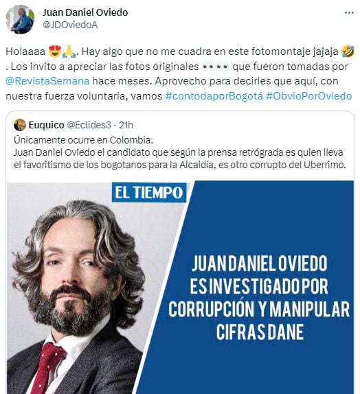 Trino de Juan Daniel Oviedo reaccionando a la fake news en su contra.