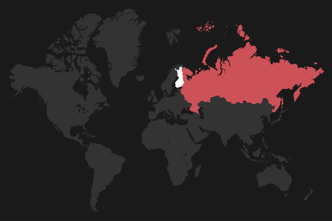 En blanco, Finlandia. En rojo, Rusia