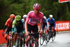 Team UAE's Slovenian rider Tadej Pogacar rides in a breakaway on the final climb in Passo del Brocon during the 17th stage of the 107th Giro d'Italia cycling race, 159km between Selva di Val Gardena and Passo del Brocon on May 22, 2024. (Photo by Luca Bettini / AFP)