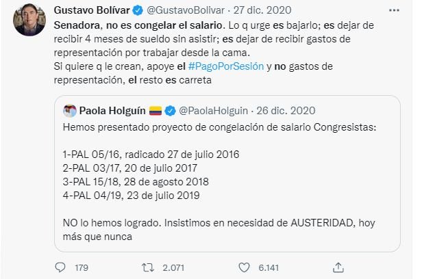El trino de Gustavo Bolívar en 2020 que le recuerdan en redes sociales.