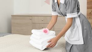 Camarera poniendo toallas frescas en la cama en la habitación del hotel, vista de cerca con espacio para texto. Diseño de pancartas