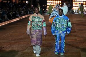 Models wear creations for Louis Vuitton as part of the Menswear Spring/Summer 2024 fashion collection presented in Paris, Tuesday, June 20, 2023. (AP Photo/Christophe Ena)