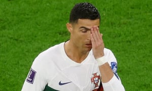 Soccer Football - FIFA World Cup Qatar 2022 - Quarter Final - Morocco v Portugal - Al Thumama Stadium, Doha, Qatar - December 10, 2022 Portugal's Cristiano Ronaldo reacts REUTERS/Paul Childs