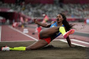 Caterine Ibarguen, of Colombia, competes in the final of the women's triple jump at the 2020 Summer Olympics, Sunday, Aug. 1, 2021, in Tokyo. (AP Photo/David J. Phillip)
