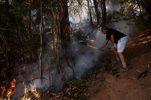 Un residente local trabaja para extinguir un incendio forestal en el área de Dichato, Chile, 12 de febrero de 2023. 
