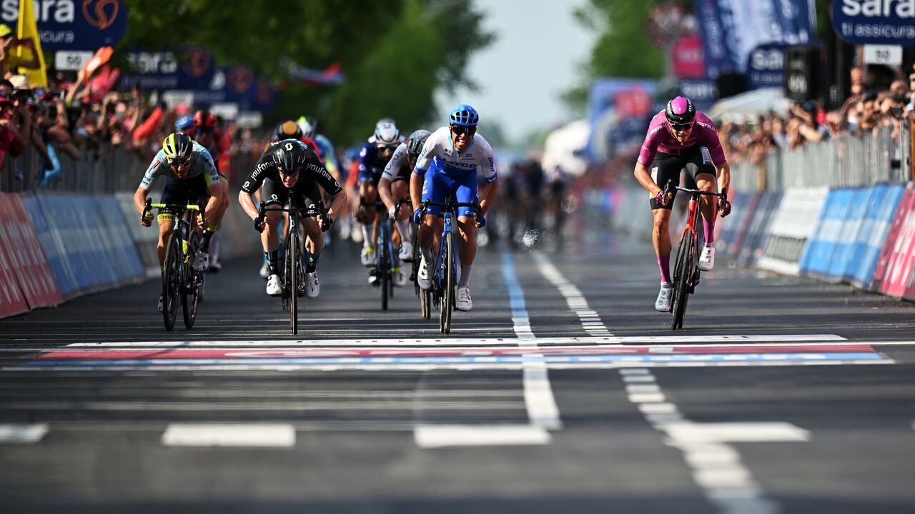 CAORLE, ITALY - MAY 24: (L-R) Niccolò Bonifazio of Italy and Team Intermarché - Circus - Wanty, Alberto Dainese of Italy and Team DSM, Michael Matthews of Australia and Team Jayco AlUla and Jonathan Milan of Italy and Team Bahrain - Victorious - Purple Points Jersey sprint at finish line during the the 106th Giro d'Italia 2023, Stage 17 a 197km stage from Pergine Valsugana to Caorle / #UCIWT / on May 24, 2023 in Caorle, Italy. (Photo by Stuart Franklin/Getty Images)