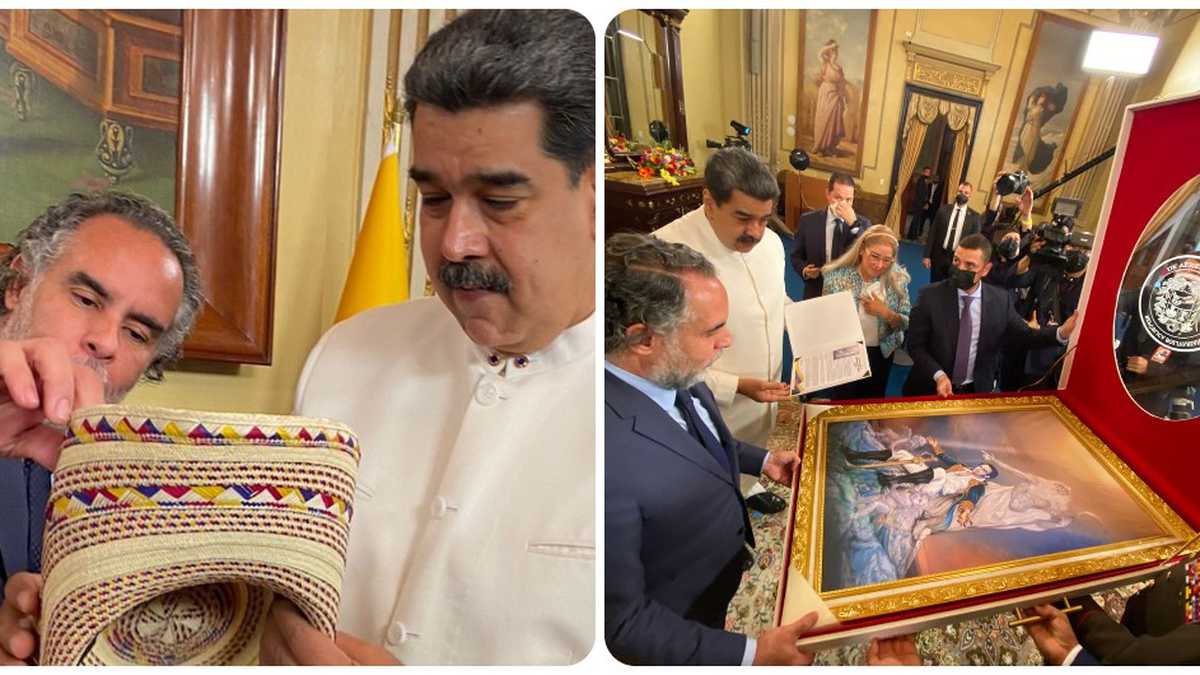 Armando Benedetti regaló un sombrero vueltiao a Maduro y el presidente de Venezuela le obsequió un cuadro de Simón Bolívar.