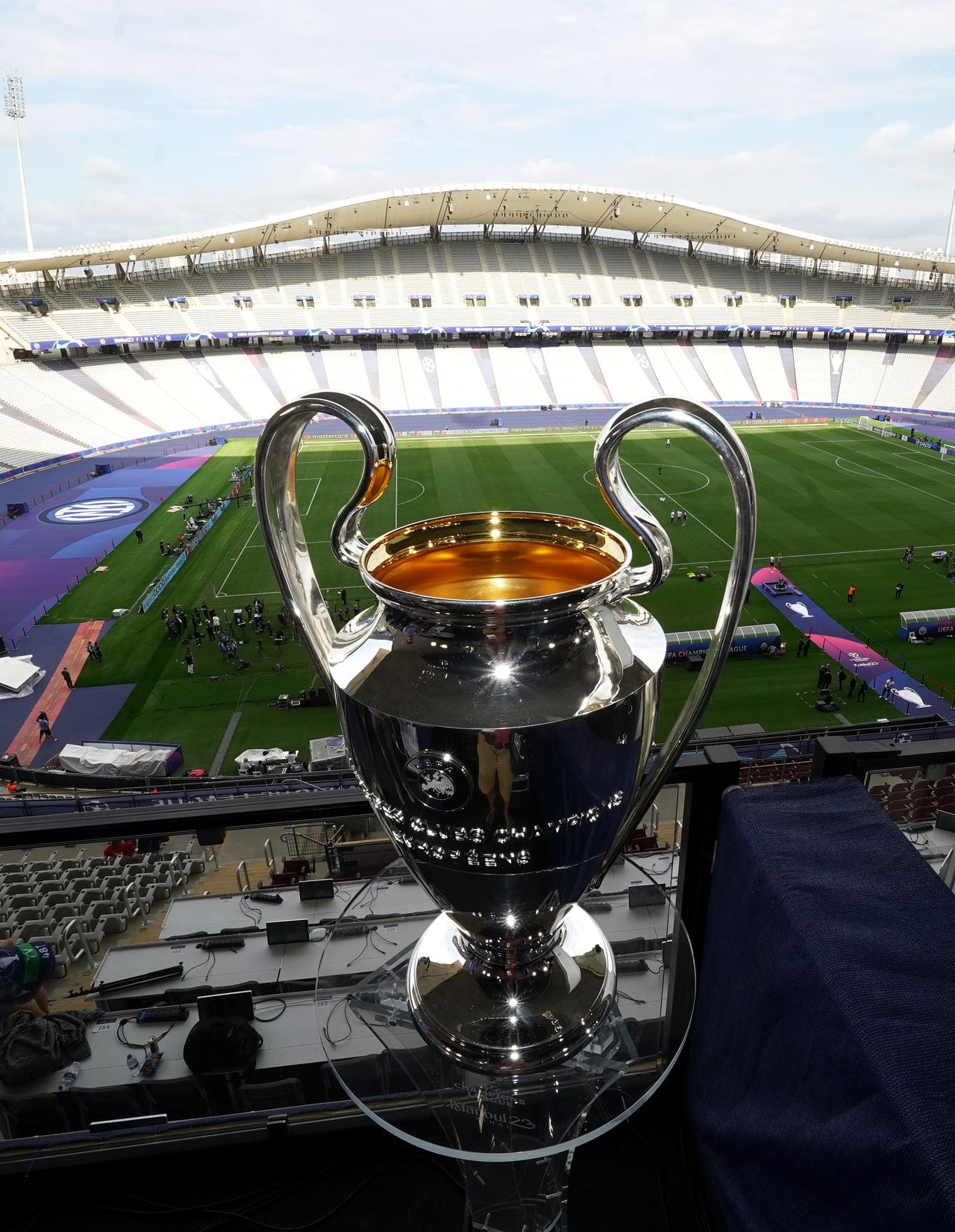 A general view of the UEFA Champions League Trophy on display at the Ataturk Olympic Stadium, Istanbul, ahead of Saturday's UEFA Champions League Final between Manchester City and Inter Milan. Picture date: Friday June 9, 2023. (Photo by Nick Potts/PA Images via Getty Images)