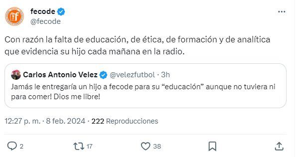 Carlos Antonio Vélez y Fecode chocaron en redes.