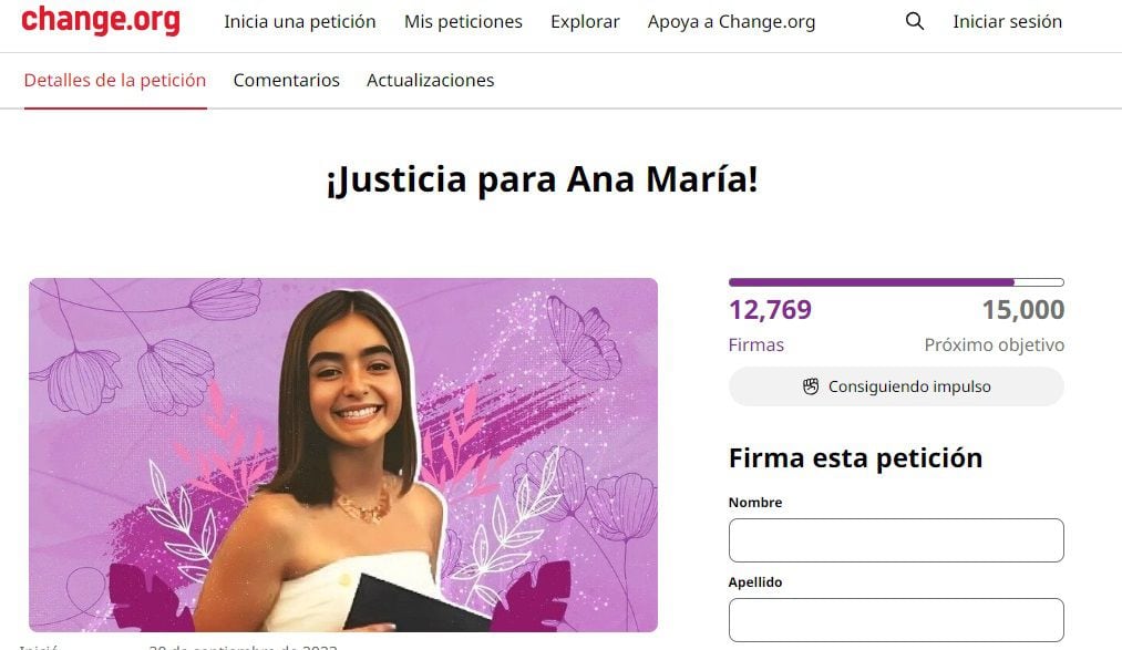 Así va la firmatón en Change.org para pedir justicia por caso Ana María Serrano.
