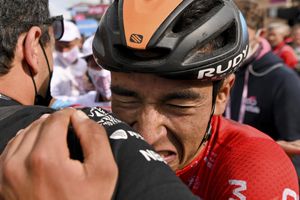 Santiago Buitrago of Colombia reacts after winning the 17th stage of the Cycling Giro D'Italia from Ponte Di Legno to Lavarone in northern Italy, Wednesday, May 25, 2022. (Marco Alpozzi/LaPresse via AP)