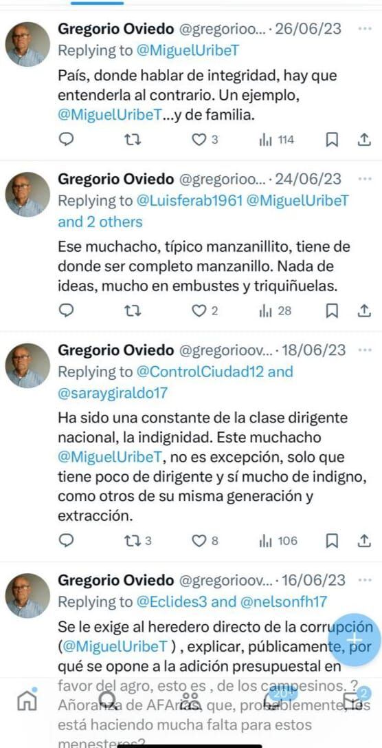 Trino de Gregorio Oviedo contra el senador Miguel Uribe