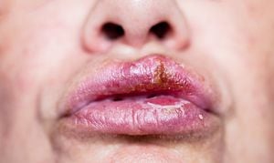 Close up photo with shallow depth of field of a big herpes simplex infection on lips. This is the most common form of infection usualy  called cold sores or fever blisters.