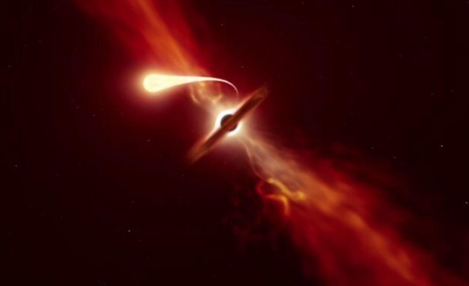 Esta ilustración muestra una estrella experimentando una deformación cuando es succionada por un agujero negro supermasivo.