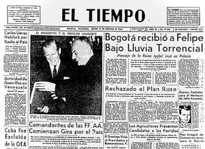 El Tiempo destacó en primera plana la visita con grandes titulares y esta foto con el presidente Alberto Lleras Camargo.