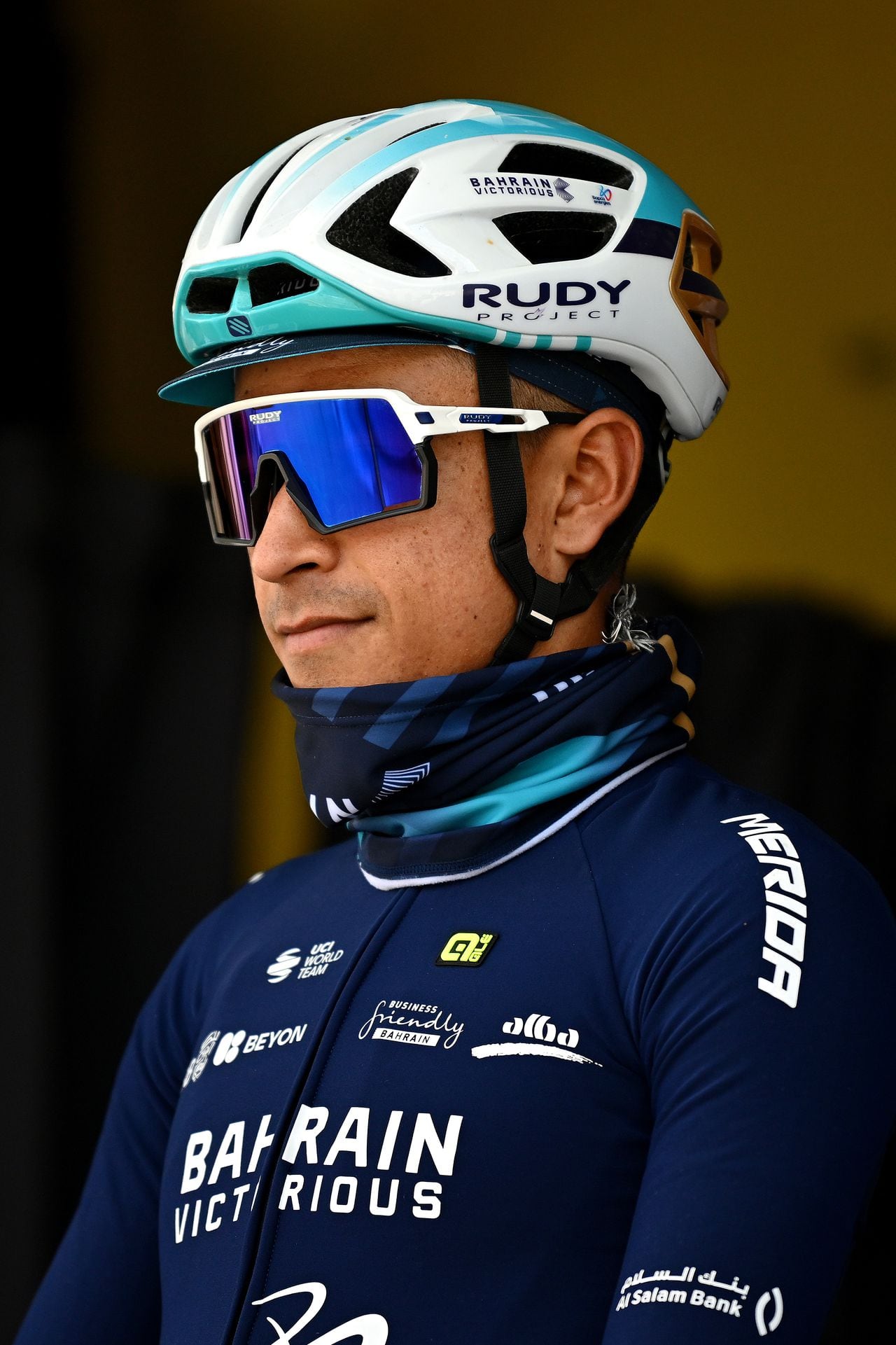 CHARLEROI, BELGIUM - APRIL 17: (EDITOR'S NOTE: Alternate crop) Santiago Buitrago of Colombia and Team Bahrain - Victorious prior to the 88th La Fleche Wallonne 2024, Men's Elite a 198.6km one day race from Charleroi to Huy / #UCIWT / on April 17, 2024 in Charleroi, Belgium. (Photo by Dario Belingheri/Getty Images)