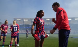 CARSON, CA - FEBRUARY 20: Vlatko Andonovski head coach of USA giving directions to Margaret Purce #23 before a game between New Zealand and USWNT at Dignity Health Sports Park on February 20, 2022 in Carson, California. (Photo by Brad Smith/ISI Photos/Getty Images)