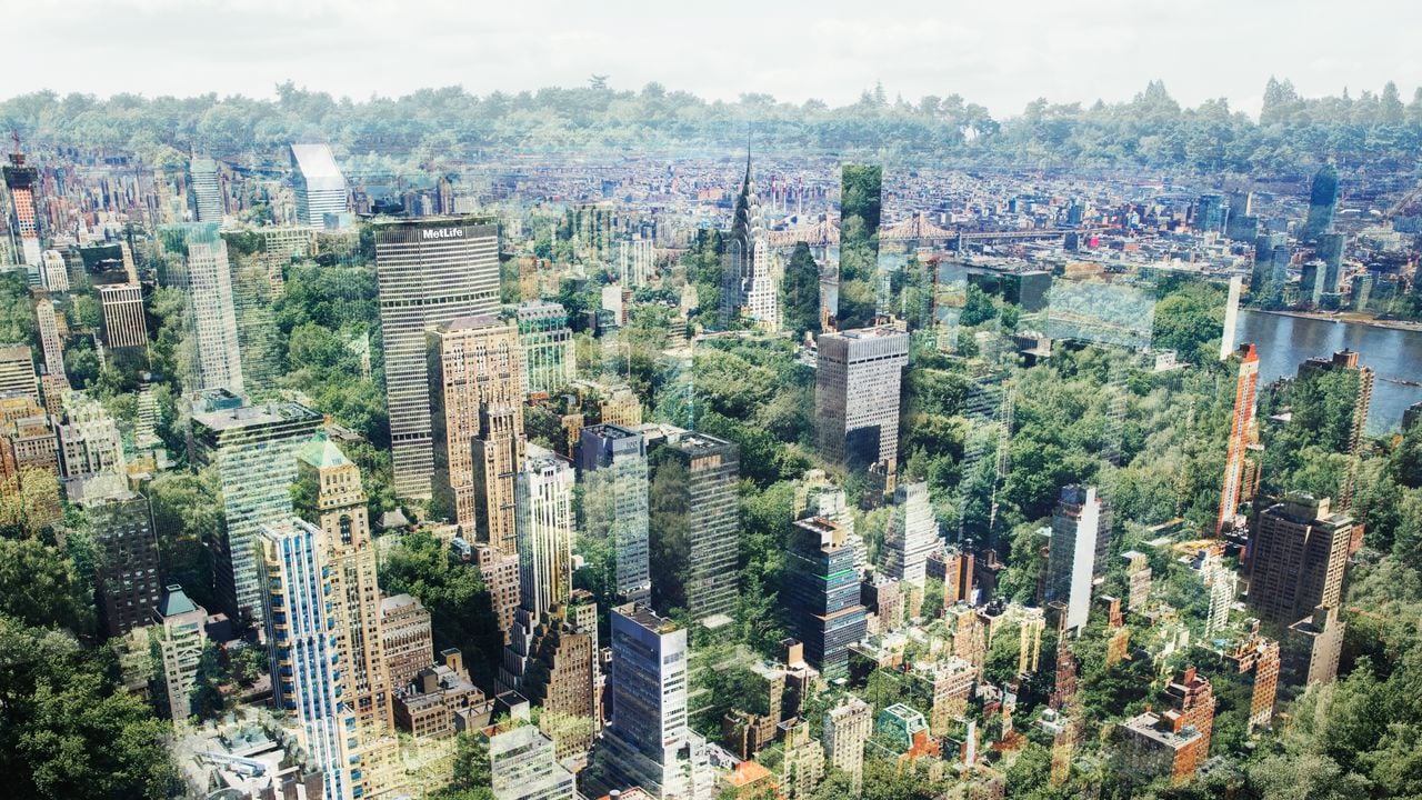 Edificios de Nueva York con árboles.