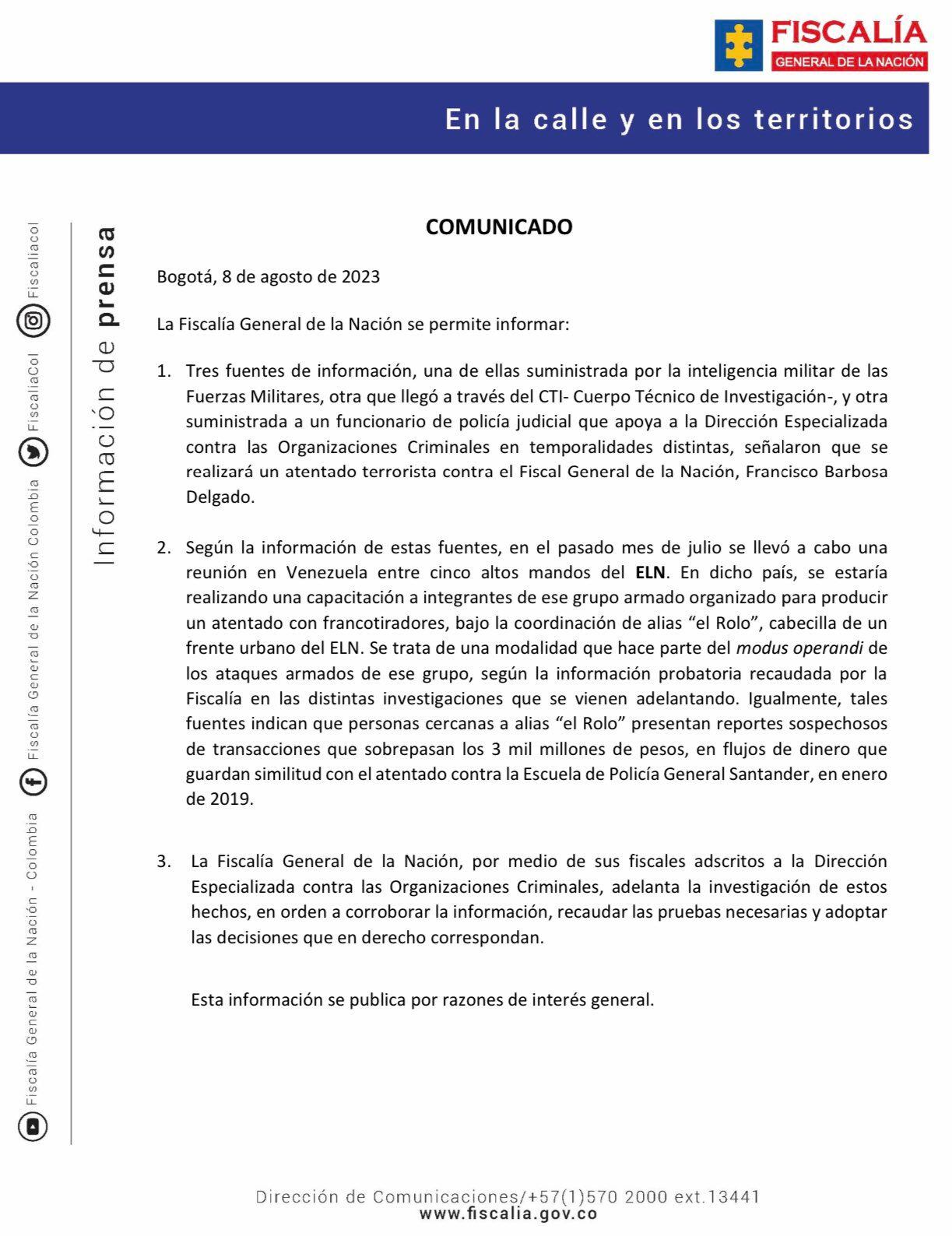 Comunicado de la Fiscalía General sobre atentado contra el fiscal Francisco Barbosa