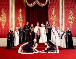 Britain's King Charles III and Queen Camilla are pictured with members of the working royal family: the Duke of Kent, the Duchess of Gloucester, the Duke of Gloucester, Vice Admiral Sir Tim Laurence, the Princess Royal, King Charles, Queen Camilla, the Prince of Wales, the Princess of Wales, the Duchess of Edinburgh, Princess Alexandra, the Hon. Lady Ogilvy, the Duke of Edinburgh.  Picture date: Monday May 8, 2023. Hugo Burnand/Royal Household 2023/Handout via REUTERS    THIS IMAGE HAS BEEN SUPPLIED BY A THIRD PARTY. MANDATORY CREDIT. EDITORIAL USE ONLY. NO RESALES. NO ARCHIVES. NO NEW USE AFTER 0001HRS JANUARY 1, 2024, WITHOUT PRIOR, WRITTEN PERMISSION FROM ROYAL COMMUNICATIONS.