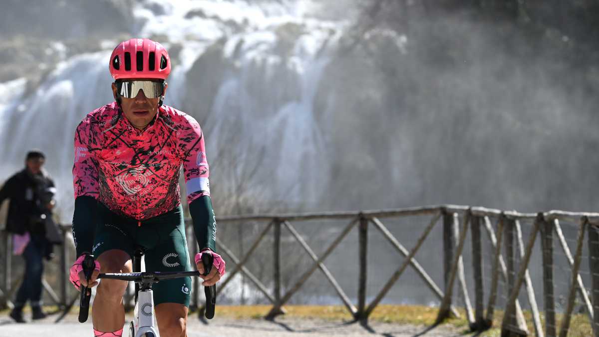 BELLANTE, ITALY - MARCH 10: Rigoberto Uran Uran of Colombia and Team EF Education - Easypost at Marmore Falls prior to the 57th Tirreno-Adriatico 2022 - Stage 4 a 202km stage from Cascata delle Marmore to Bellante 345m / #TirrenoAdriatico / #WorldTour / on March 10, 2022 in Bellante, Italy. (Photo by Getty Images/Tim de Waele)