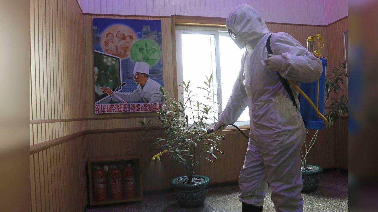 Un miembro del Centro de Sanidad y antiepidémico del distrito de Phyongchon, desinfecta un edificio el 5 de febrero de 2021, en Pyongyang, Corea del Norte. Foto: AP/Jon Chol Jin, Archivo.