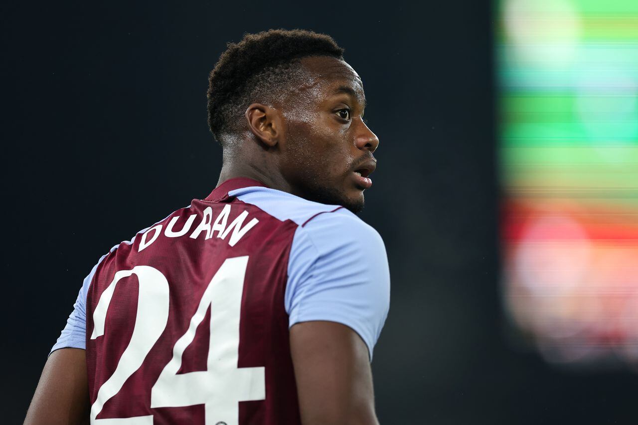 BIRMINGHAM, ENGLAND - AUGUST 31: Jhon Duran of Aston Villa during the UEFA Conference League Qualifying Play-Offs: Second Leg between Aston Villa v Hibernian  at Villa Park on August 31, 2023 in Birmingham, England. (Photo by Matthew Ashton - AMA/Getty Images)