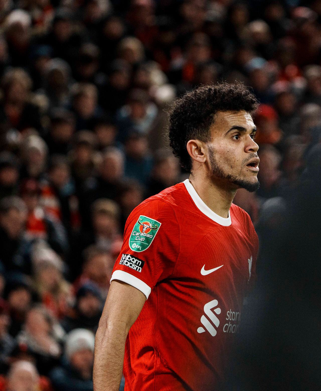 LIVERPOOL, ENGLAND - JANUARY 10: Luis Díaz of Liverpool looks on during the Carabao Cup Semi Final First Leg match between Liverpool and Fulham at Anfield on January 10, 2024 in Liverpool, England. (Photo by MB Media/Getty Images)
