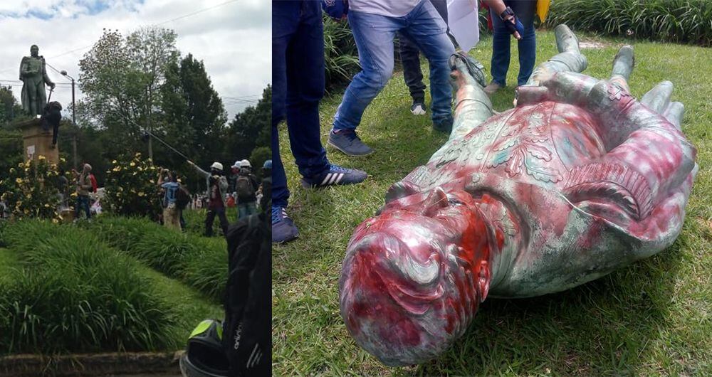 Estatua alusiva a Francisco de Paula Santander fue derribada por manifestantes en Popayán, Cauca.