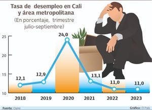 Tasa de  desempleo en Cali julio - Septiembre 2023

Gráfico: El País    Fuente: Dane