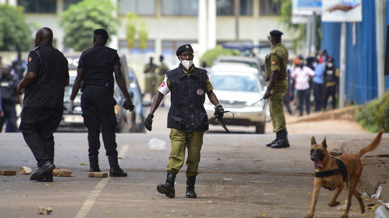 Un policía camina atrás de un perro rastreador en una calle cerca de una explosión en el centro de Kampala, Uganda, el martes 16 de noviembre de 2021. (AP Foto/Nicholas Bamulanzeki)