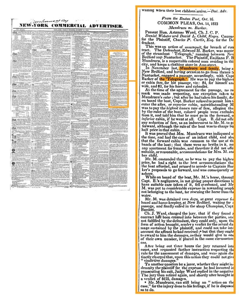 Este artículo de diario de 1833 informa sobre la victoria de Mundrucu en la primera instancia judicial.