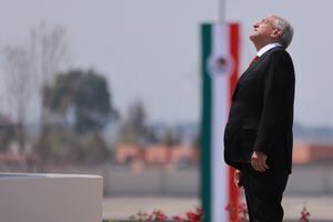 MEXICO CITY, MEXICO - MARCH 21: President of Mexico Andres Manuel Lopez Obrador looks on during the inauguration of the new airport Felipe Angeles International Airport on March 21, 2022 in Mexico City, Mexico. (Photo by Hector Vivas/Getty Images)