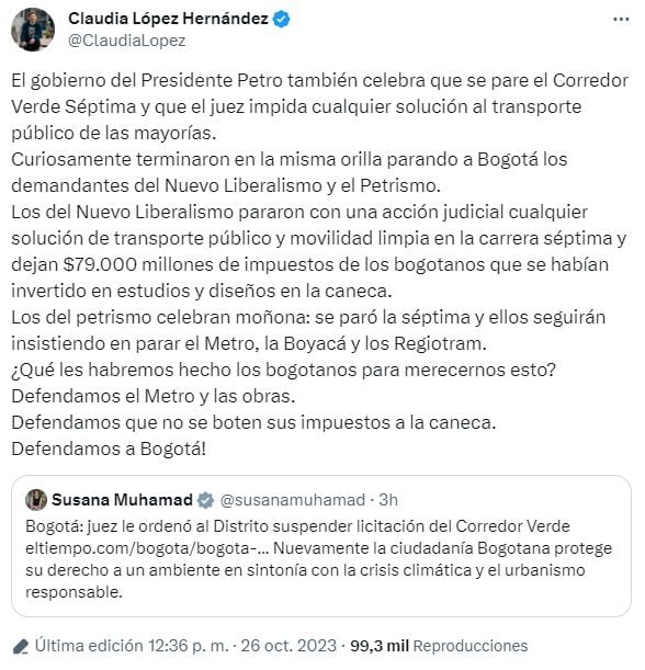 Claudia López responde a la ministra Susana Muhamad por “celebrar” freno a licitación del Corredor Verde: “El petrismo celebra moñona”