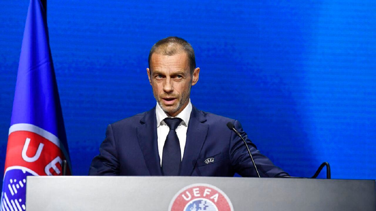 El presidente de la UEFA Aleksander Ceferin durante el Congreso de la UEFA en Montreux, Suiza, el martes 20 de abril de 2021. (Richard Juilliart/UEFA vía AP)