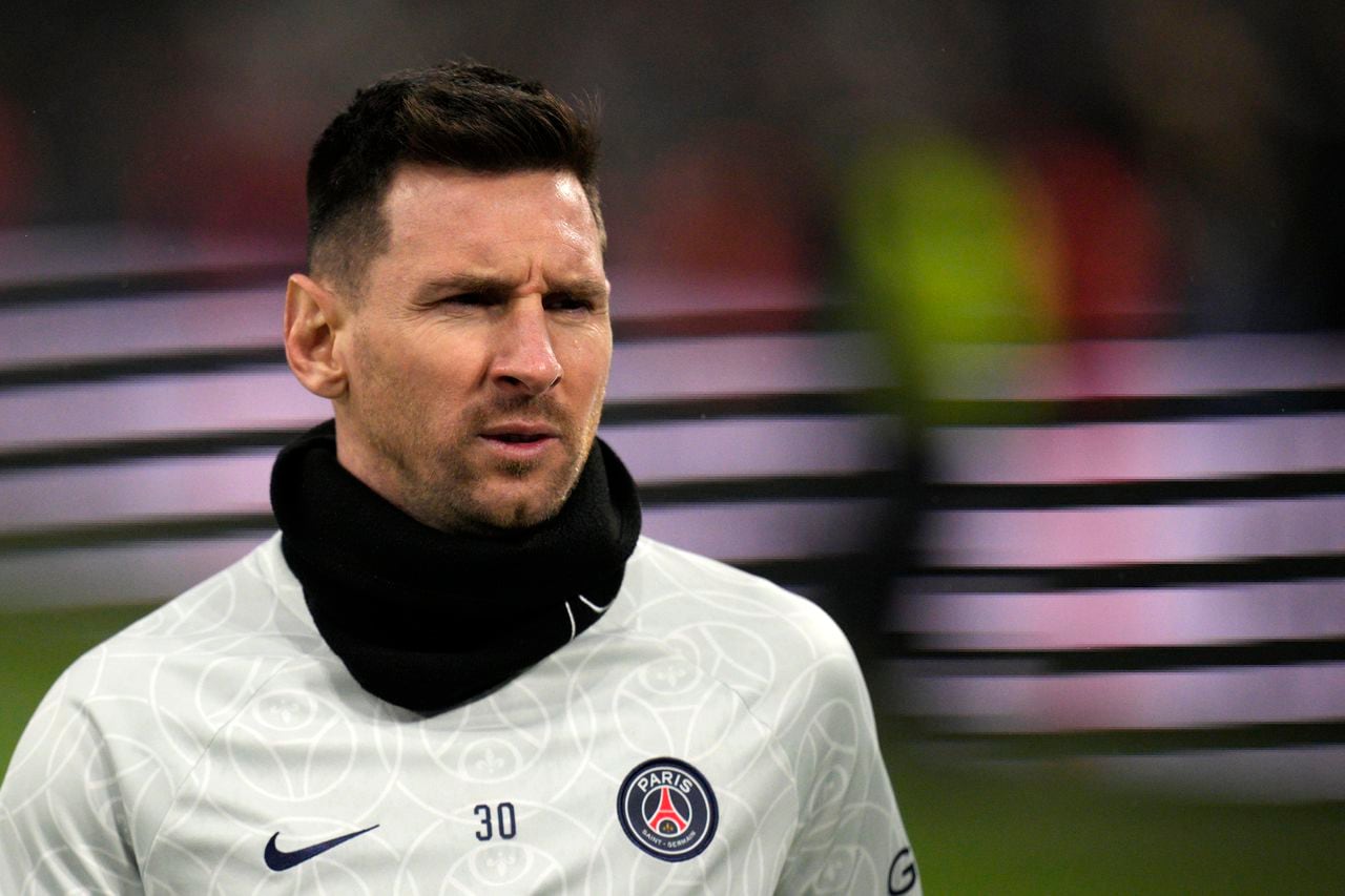 PSG's Lionel Messi looks on during warm up before the French League One soccer match between Marseille and Paris Saint-Germain at the Velodrome stadium in Marseille, southern France, Sunday, Feb. 26, 2023. (AP Photo/Daniel Cole)