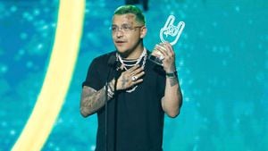 SAN JUAN, PUERTO RICO - JUNE 23: Christian Nodal accepts award onstage during Premios Tu Música Urbano 2022 on June 23, 2022 in San Juan, Puerto Rico. (Photo by Jose R. Madera/Getty Images)