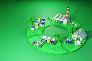 Ilustración 3D del ciclo de fabricación, consumo y reciclaje