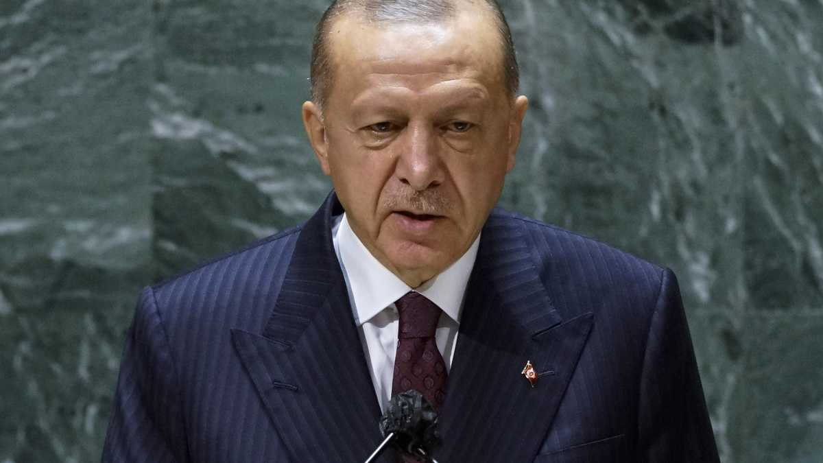 NEW YORK, NEW YORK - SEPTEMBER 21: Turkish President Tayyip Erdogan addresses the 76th Session of the U.N. General Assembly on September 21, 2021 at U.N. headquarters in New York City. More than 100 heads of state or government are attending the session in person, although the size of delegations is smaller due to the Covid-19 pandemic. (Photo by Eduardo Munoz-Pool/Getty Images)