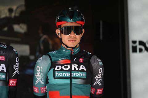 CRISSIER, SWITZERLAND - APRIL 26: Sergio Higuita of Colombia and Team BORA-Hansgrohe prior to the 76th Tour De Romandie 2023, Stage 1 a 170.9km stage from Crissier to Vallée de Joux 1019m / #UCIWT / on April 26, 2023 in Crissier, Switzerland. (Photo by Dario Belingheri/Getty Images)