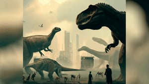Ilustración creada con IA de dinosaurios en el mundo moderno
