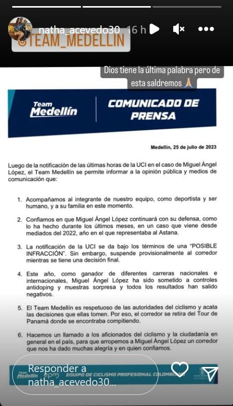 Comunicado Team Medellín