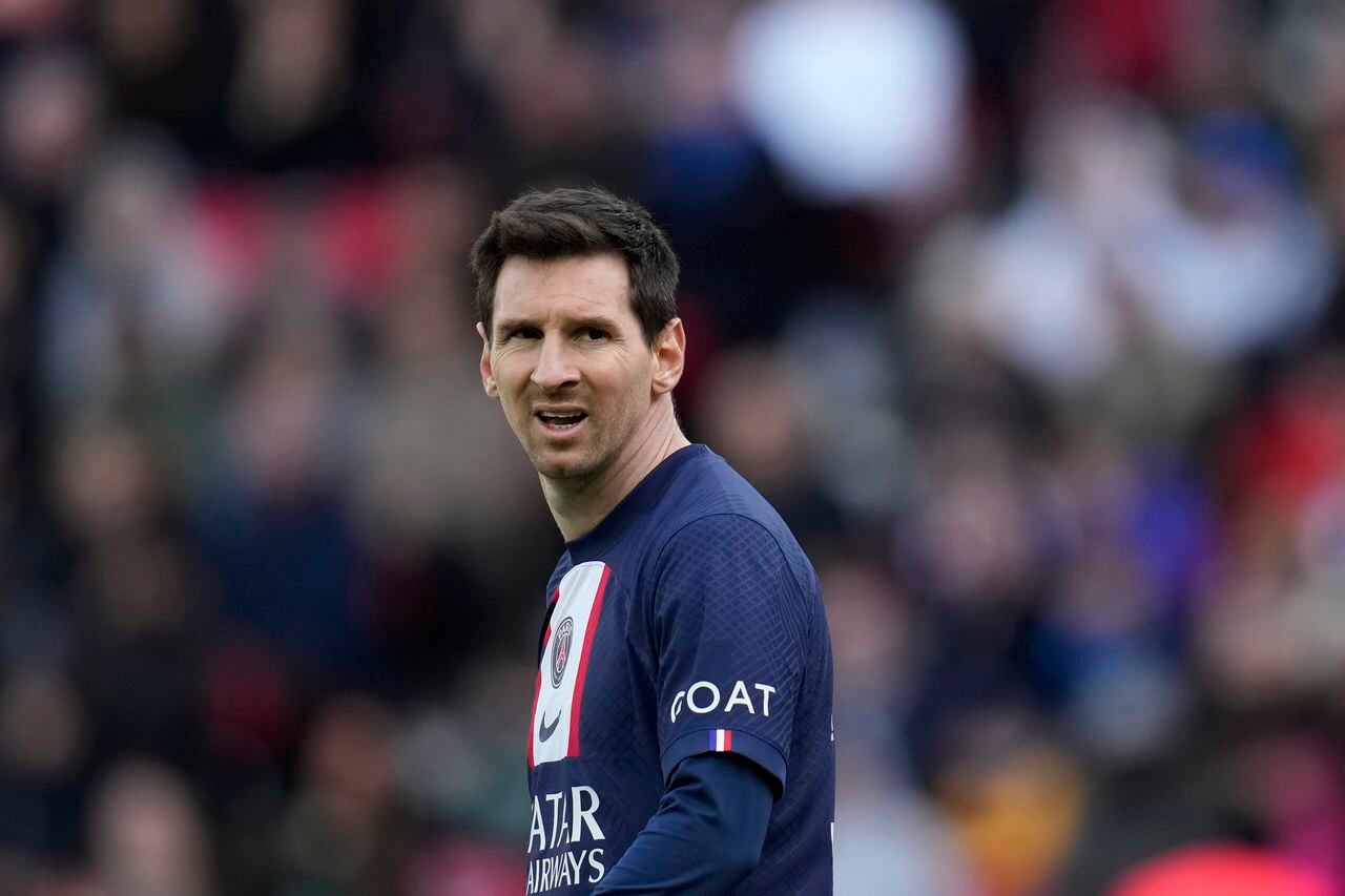 PSG's Lionel Messi reacts during the French League One soccer match between Paris Saint-Germain and Lille at the Parc des Princes stadium, in Paris, France, Sunday, Feb. 19, 2023. (AP Photo/Christophe Ena)