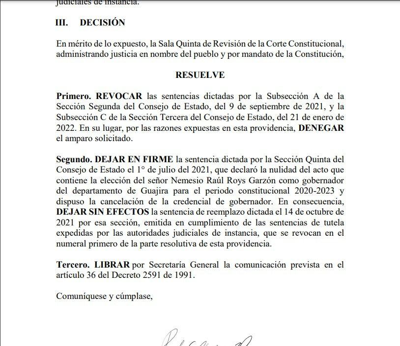 La Corte Constitucional anuló la elección del Gobernador de La Guajira.