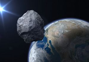 Dangerous asteroid approaching to planet Earth. Concept a potentially hazardous object (PHO). Stony-iron meteorit is solar system. Elements of this image furnished by NASA. ______ Url(s): 
https://www.nasa.gov/multimedia/imagegallery/image_feature_2159.html
Software: Adobe Photoshop CC 2015. Knoll light factory. Adobe After Effects CC 2017. 3ds Max 2016